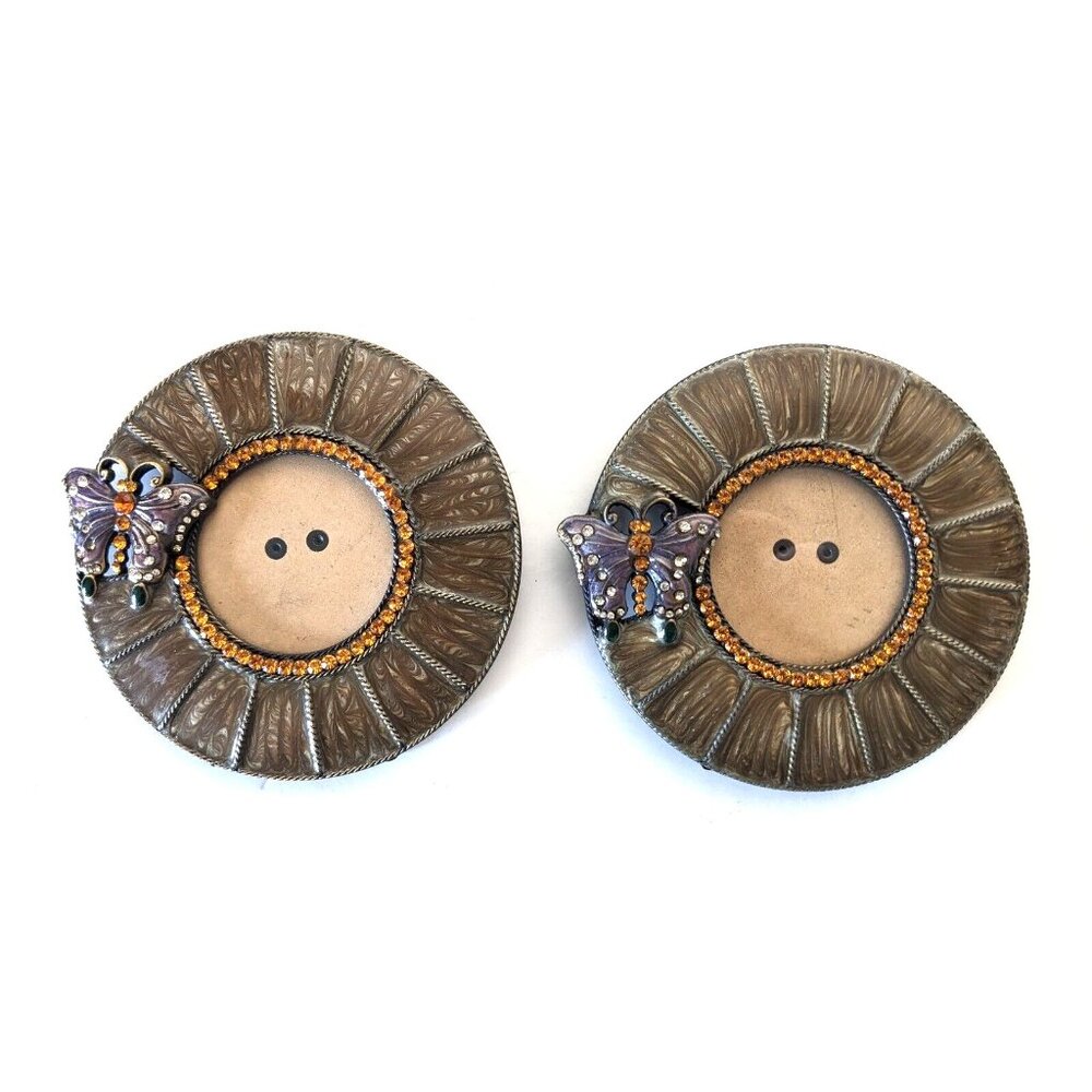 Lot Of 2 Bombay Butterfly Picture Frames Olive Green Metal Enamel Round Desk Top